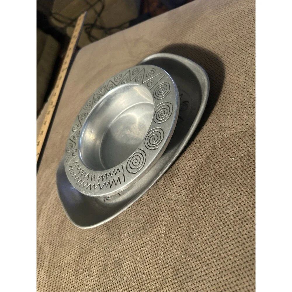 RWP Wilton Plate + Bowl 2 Pewter Serving Plates Reggae Pattern African Motif